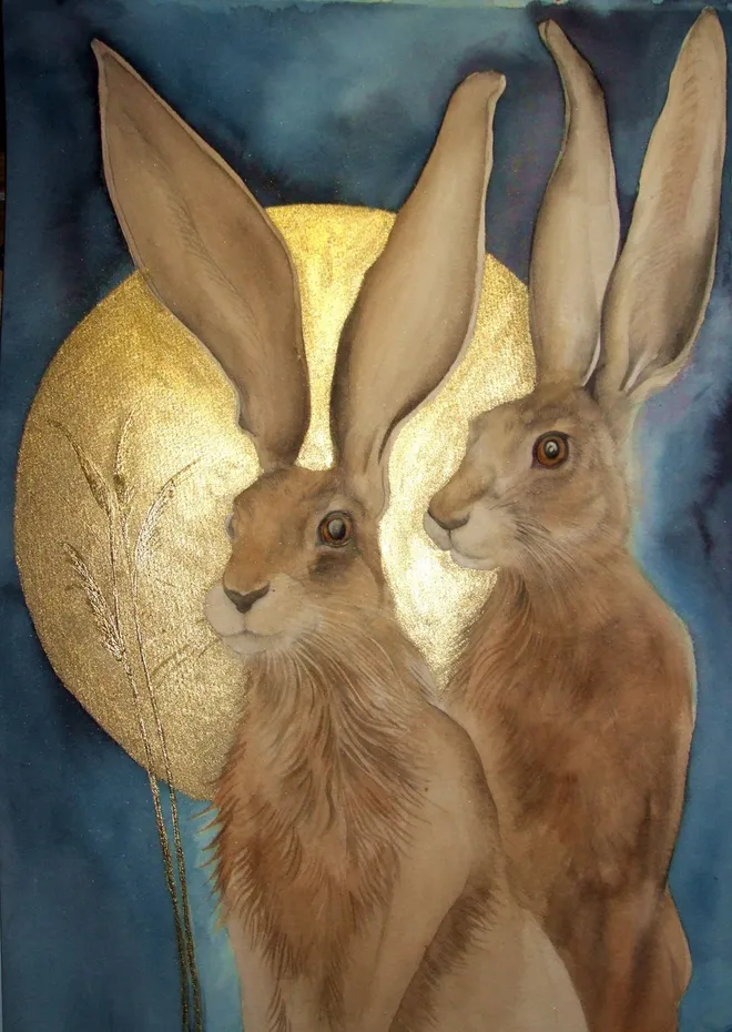 Soulmates: two hares meet nose to nose before a full gold moon, watercolour by Zoe Spencer